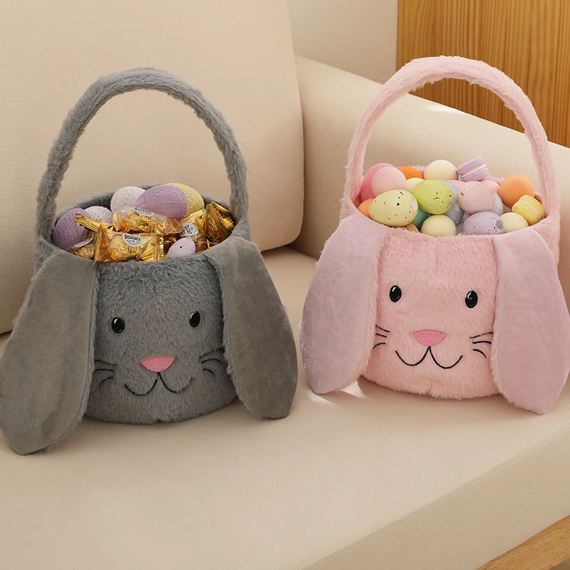 Wholesale Custom Fluffy Gift Egg Bucket Kids Puffy Plush Long Bunny Bags Ears Sublimation Easter Baskets