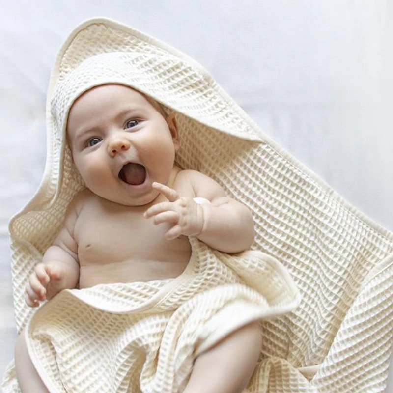 High Quality Organic Cotton Towel Stock Color Waffle Hooded Kids Baby Hooded Bath Towel