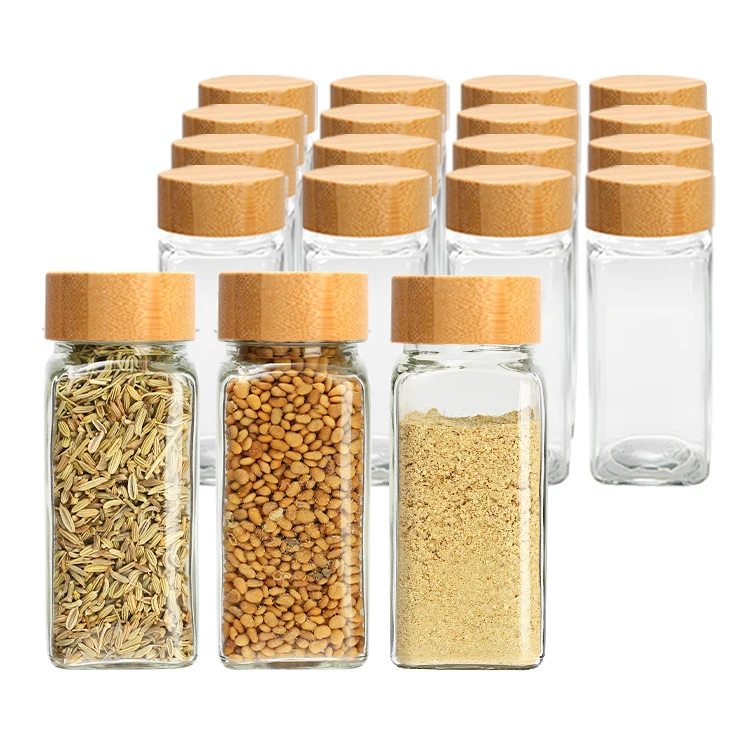 Sale 16 Pcs Salt And Seasoning Container Square Spice Set Glass Spice Bottle With Metal Wood Lid