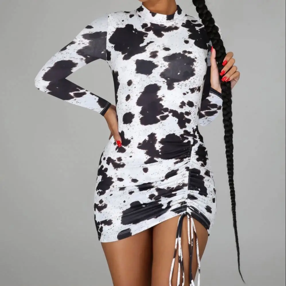 
N635 Cow Dot Printed Pleated Jersey Dress Nightclub Skirt Plus Size women clothing dresses lady elegant gowns 