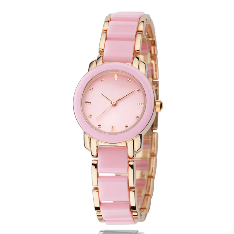 Stainless steel japan quartz movement crystals white black and pink color strap minimalist women white ceramic watch