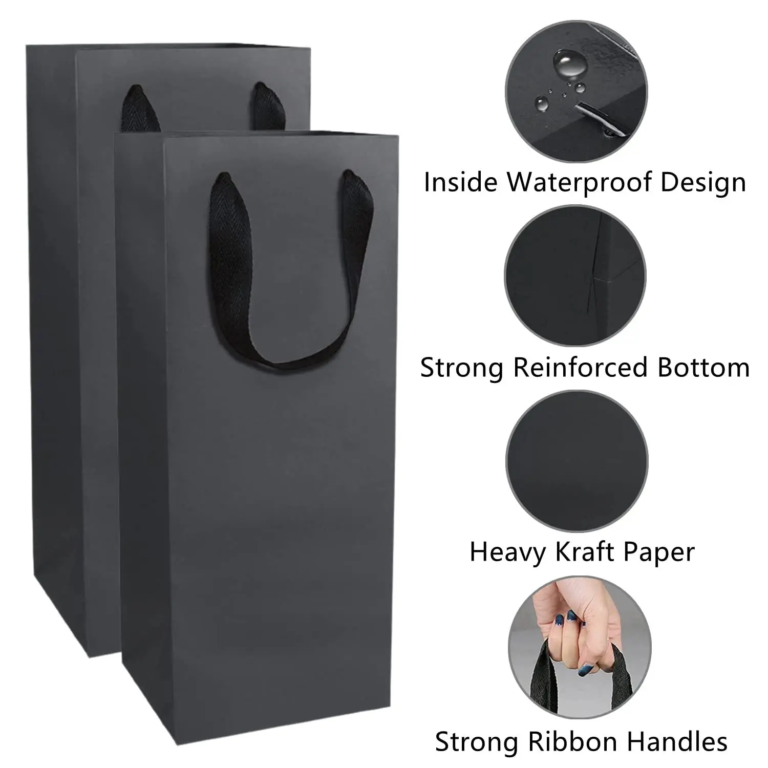 High Quality Custom Print Logo Eco Friendly Reusable Black Paper Gift Bags Wine Bottle Packaging With Handles