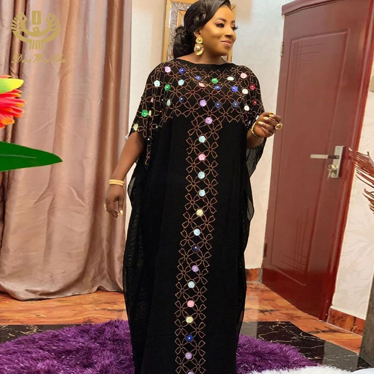 Daiweiya wholesales Stones Africa Printed Black Silk Abaya Polyester Kaftan Women Plus size for black women