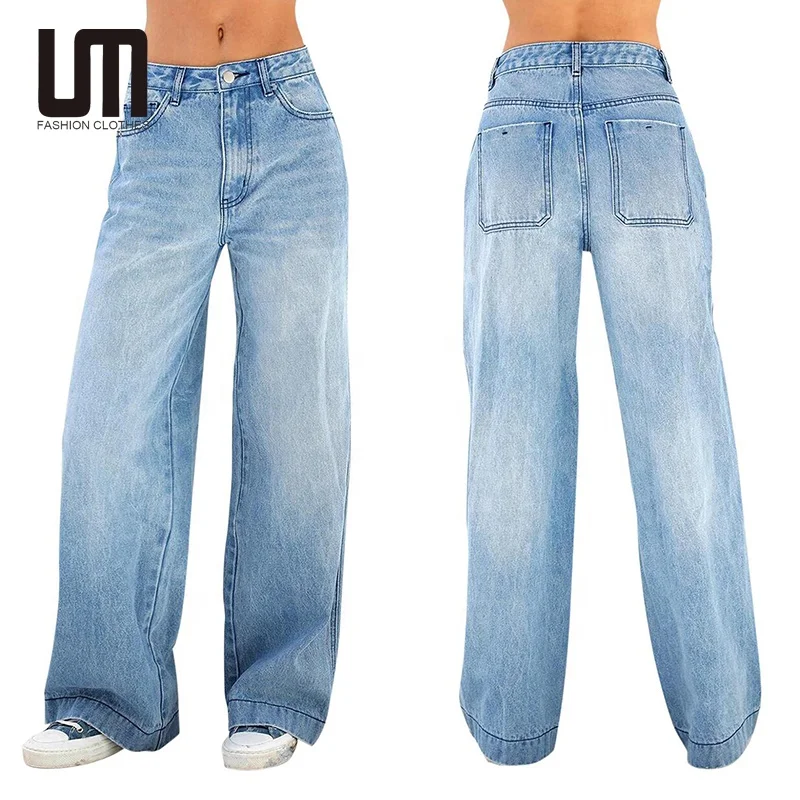 Liu Ming Hot Selling Women Casual High Waist Solid Color Loose Long Denim Jeans Pants