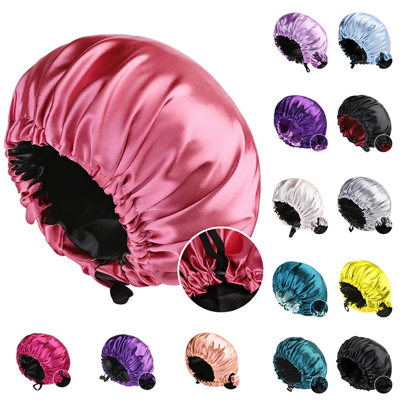 Wholesale Custom Logo Sleeping Cap Women Adjustable Double Layer Reversible Silk Satin Hair Bonnets For Sleeping