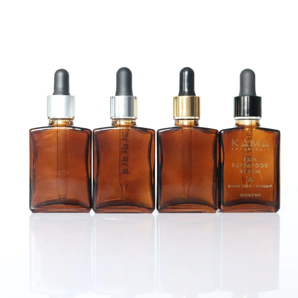 30ml Amber Rectangle Dropper Glass Bottle For Essential Oil Serum Cosmetic Packaging 30ml glass bottle