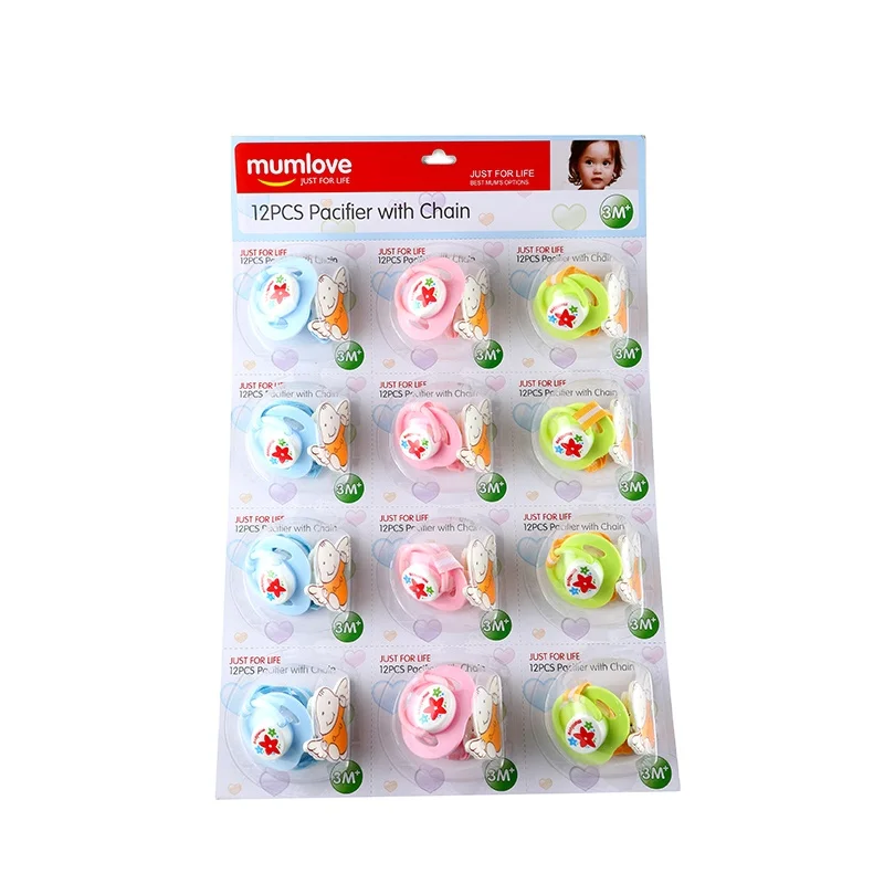 Hot Selling On Online Plastic Large Adult Baby Funny Pacifier 12pcs blister packing pacifier with chain