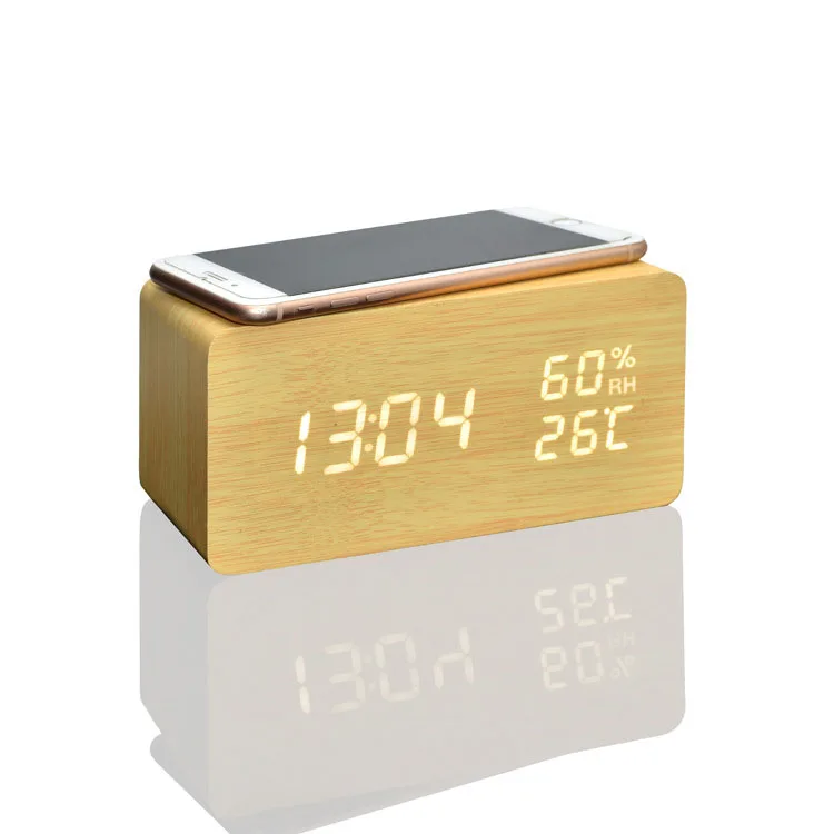 New Technology Digital wireless charging Alarm Clock Wooden Voice Control Electronic Desktop Clocks Thermometer