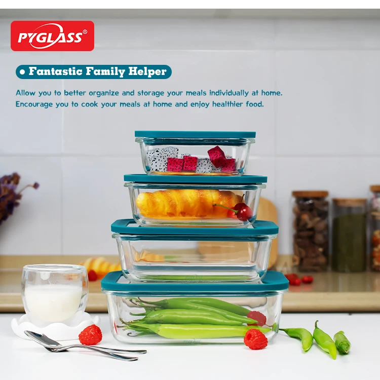 High borosilicate glass food preparation container, lunch food box with glass lid 4set