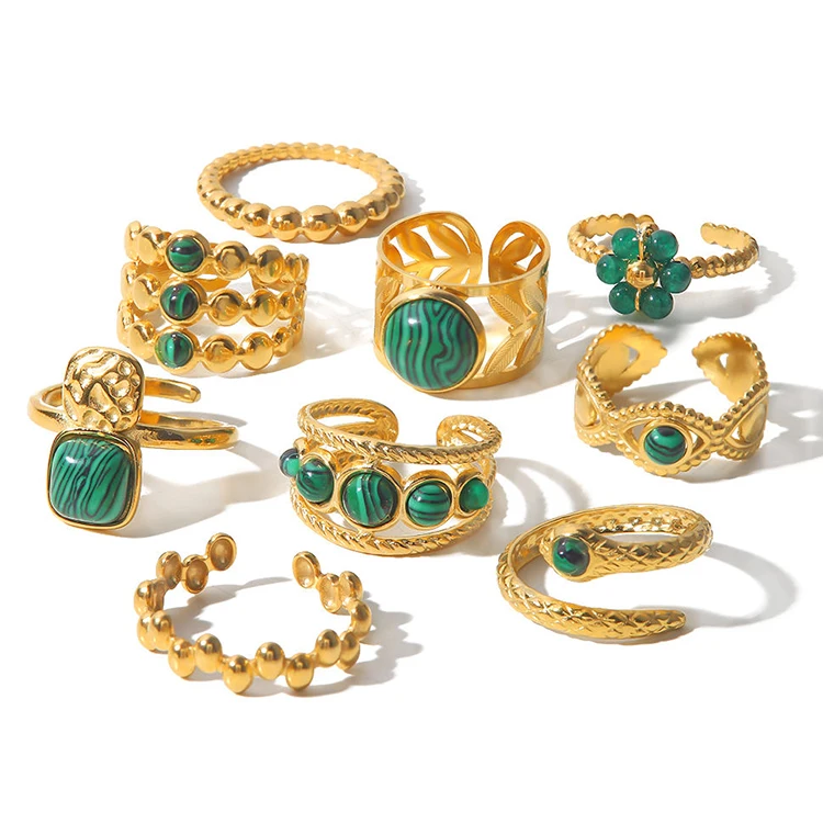 18k Gold Plated Snake Green Stone Cross Emerald Open Ring Stainless Steel Adjustable Rings