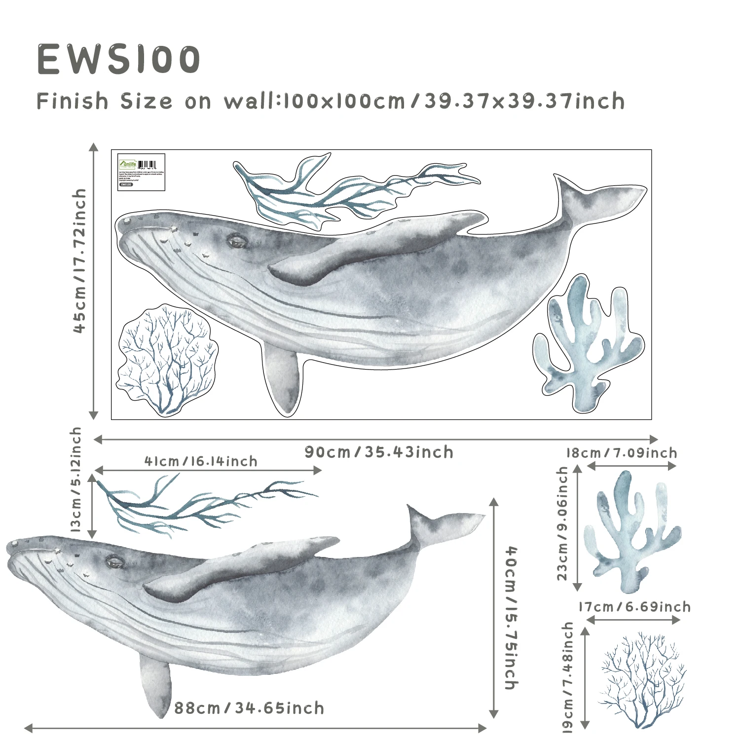 Funlife BDEWS013  Nordic watercolor underwater animal world Big Size Room Decoration Wall Stickers