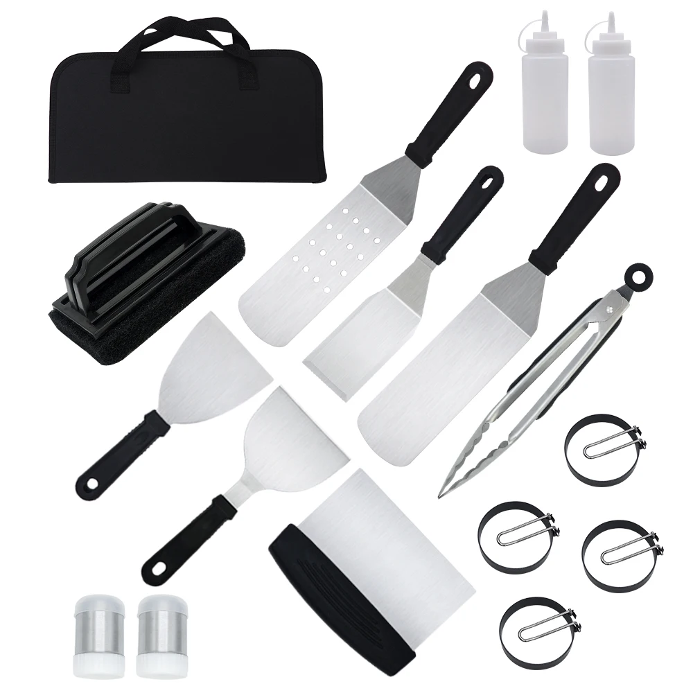 18Pieces Camping  Cooking  Plastic Handle  Stainless Steel Tools Kit Set Griddle Accessories With Cloth Bag