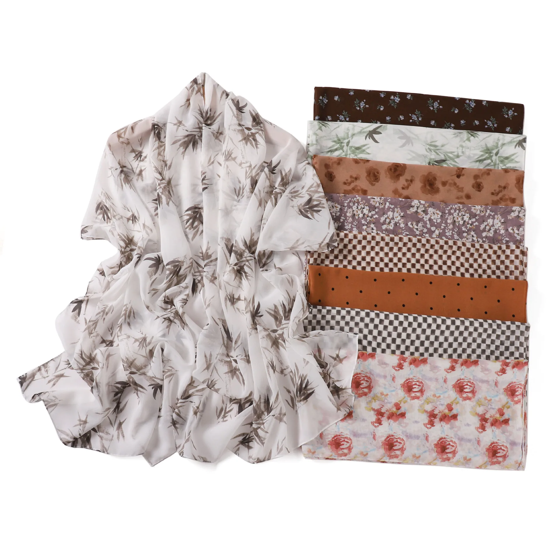 Zifeng OEM Fashion Bamboo Plaid Printed Scarf Chiffon Long Scarf Floral Gauze Scarf Shawl For Women 2024