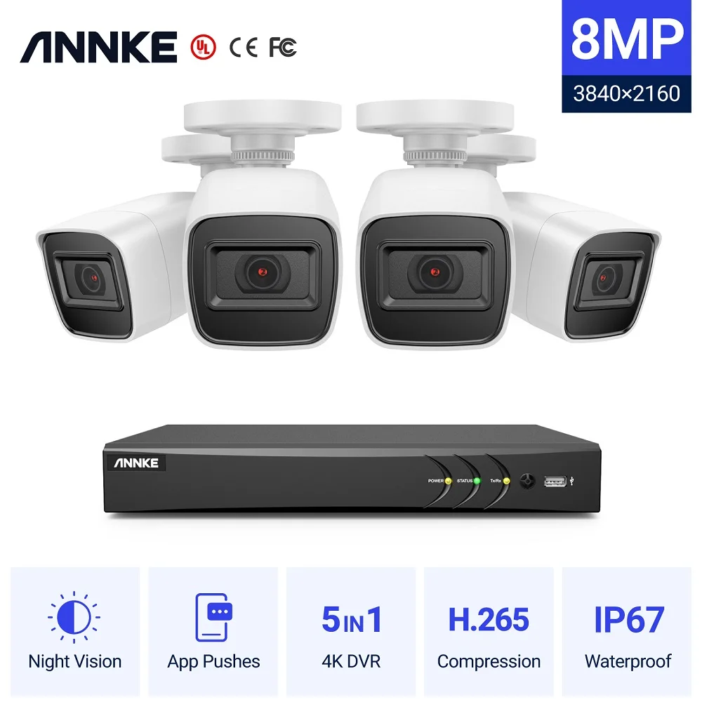 Наружная Проводная система видеонаблюдения 4K, 8 каналов, 4 камеры, IP67, погодозащищенная, 100 футов, EXIR ночное видение, H.265 + кодирование