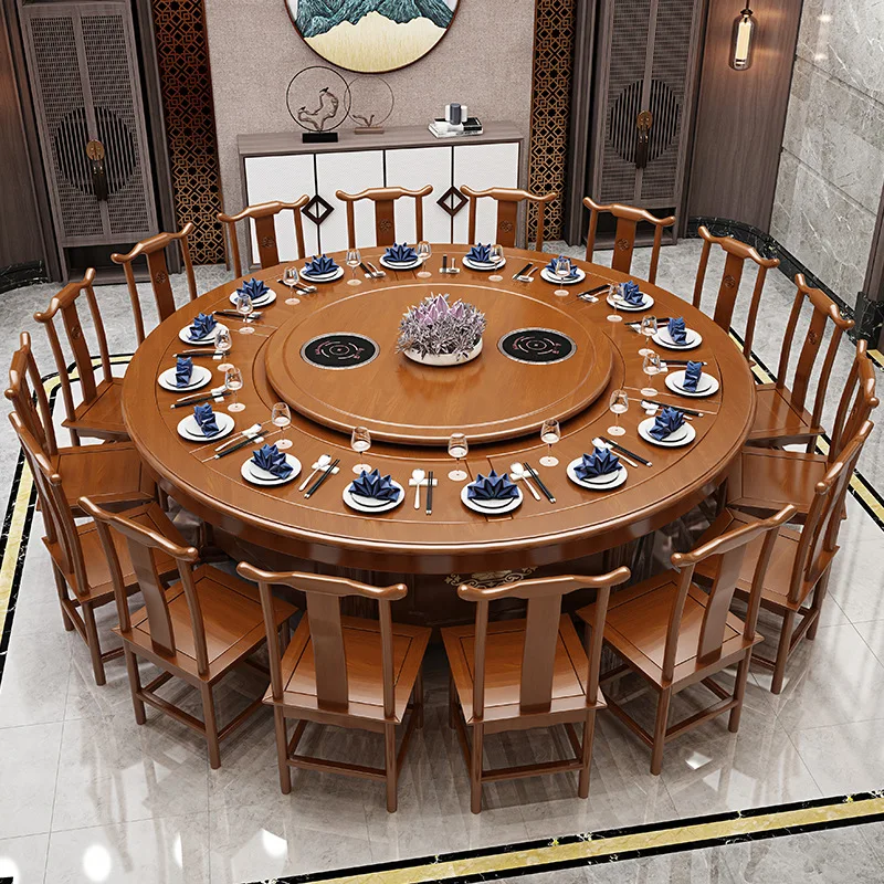 Hotel Electric Dining Table Large round Table 20 People Solid Wood Restaurant Club Hot Pot Table
