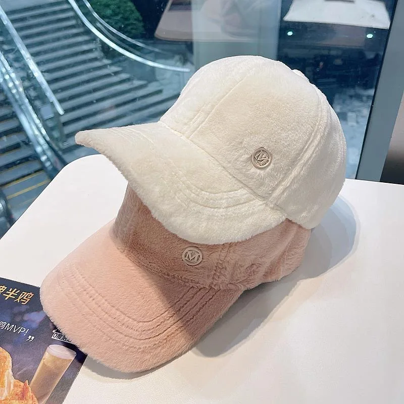 2023 Winter New M Letter Baseball Cap Thickened Warm Rabbit Mink Feather Winter Baseball Cap For Women