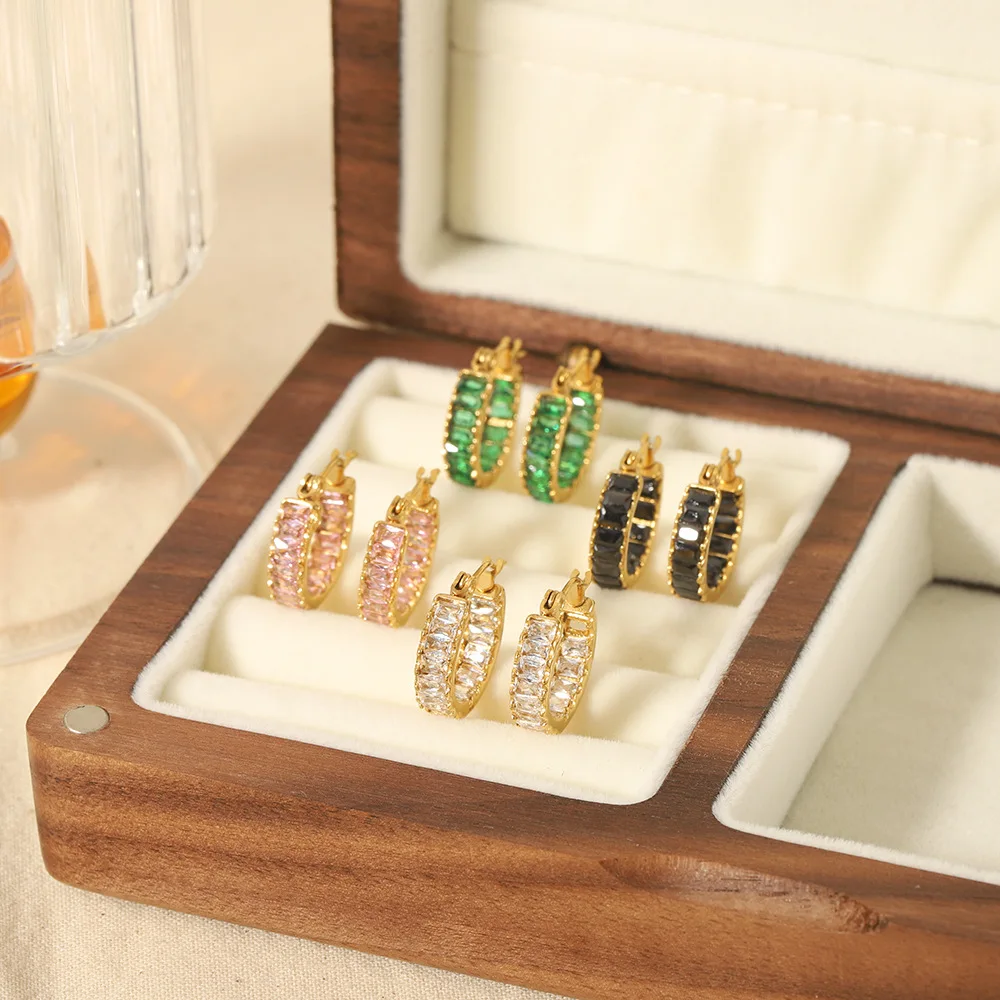 ERESI Summer Waterproof 18k Gold Plated Unique Hypoallergenic Stainless Steel Polished Vintage Square Coral Zircon Gear Earrings