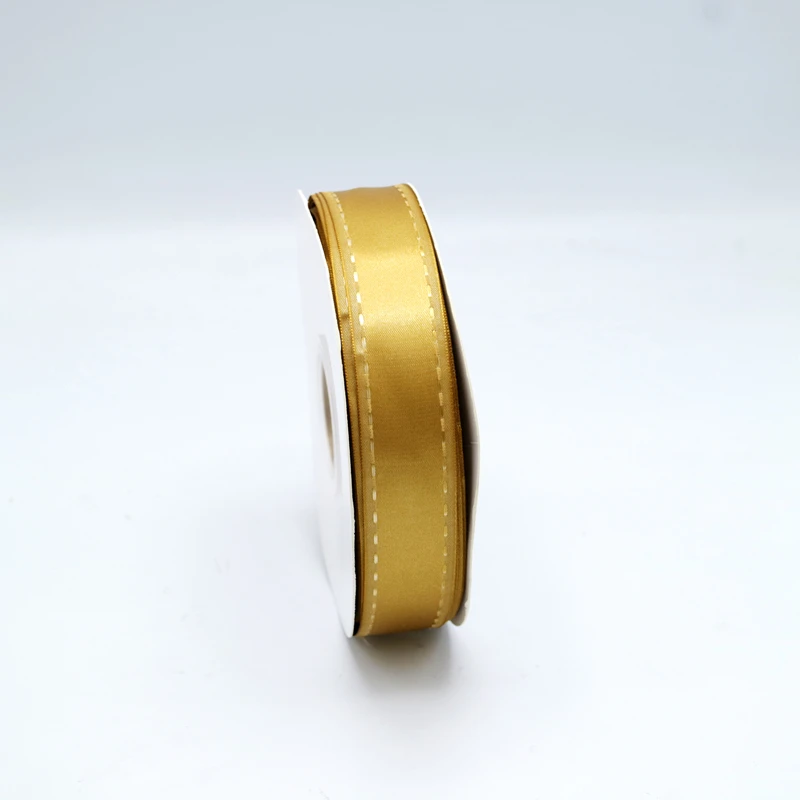 Single color stitched Pre Tied Bows For gift packing/christmas decorations. 25mm Gold stitched Satin Ribbon Roll in stock