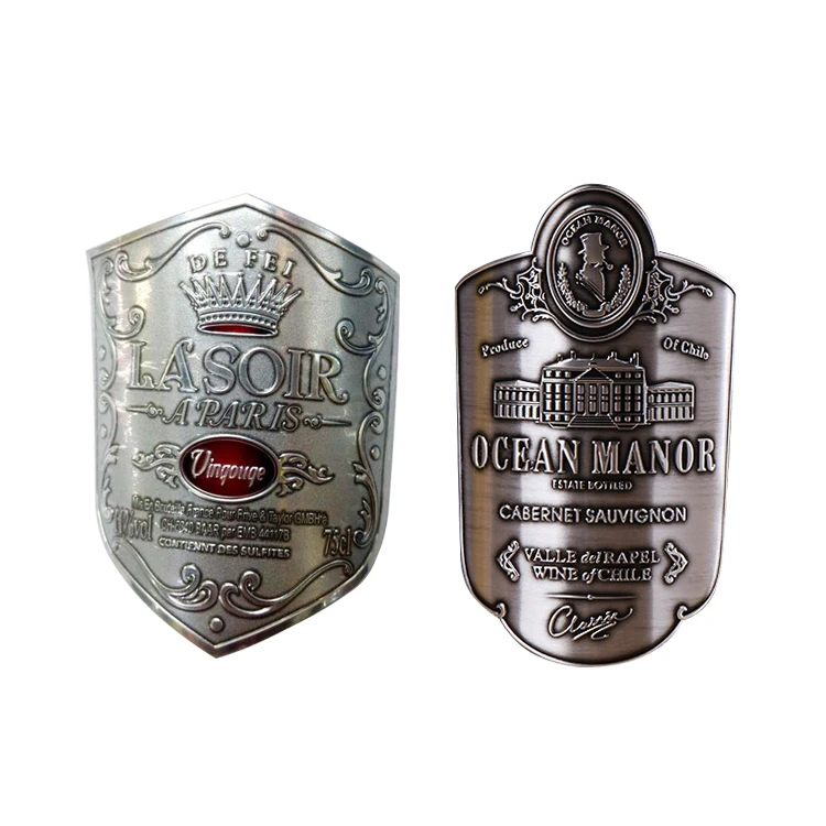custom printing embossed metal sticker label aluminium logo high quality metal wine logo tags