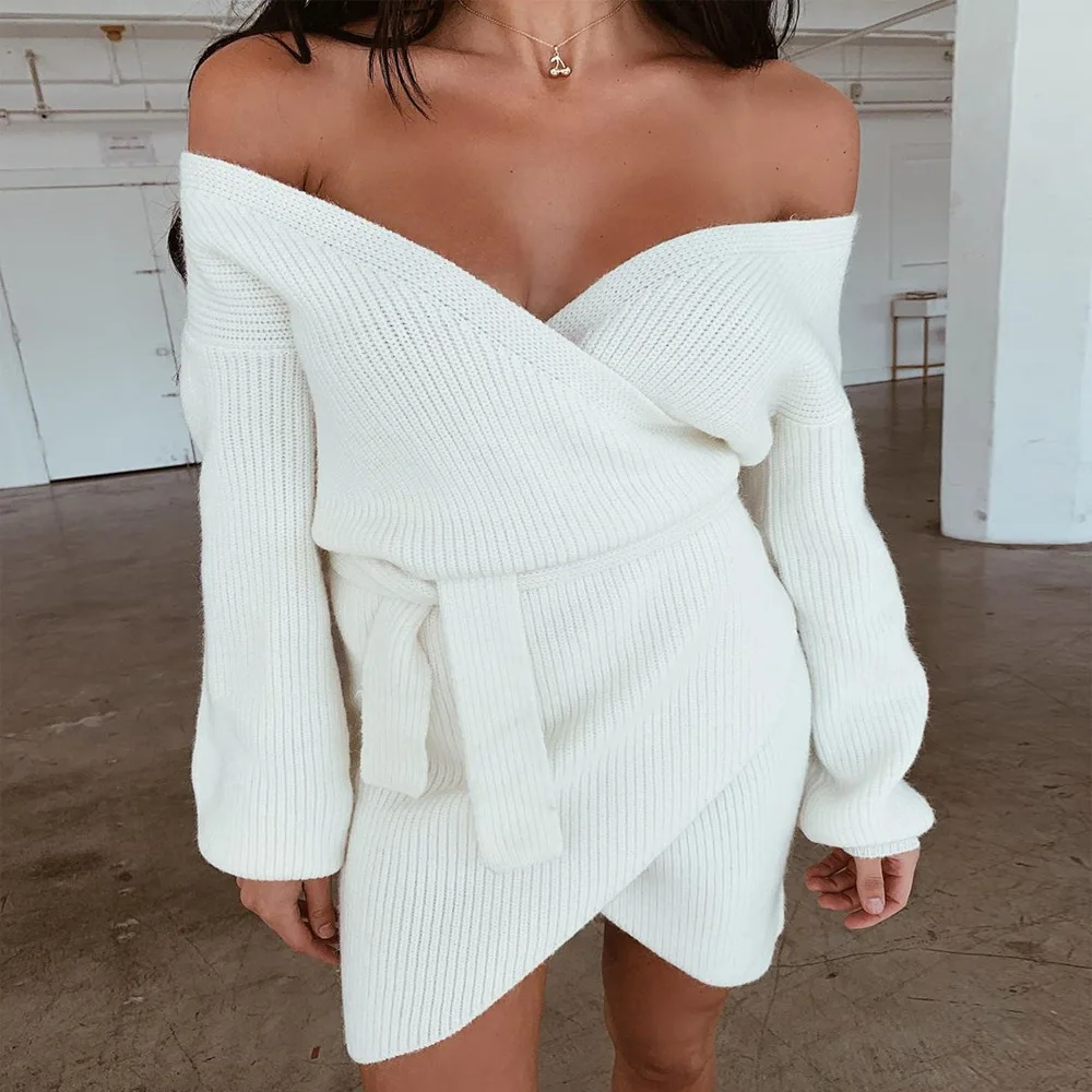 [В ожидании] модное женское облегающее платье-свитер на плечах для фитнеса, Женский вязаный длинный свитер, комплект из двух предметов, костюмы из ткани