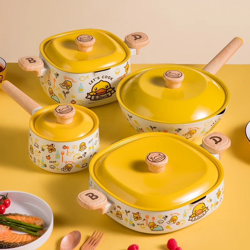 8pcs Yellow Colour Non Stick Aluminum Duck Cartoon Cooking Wares Cookware Set