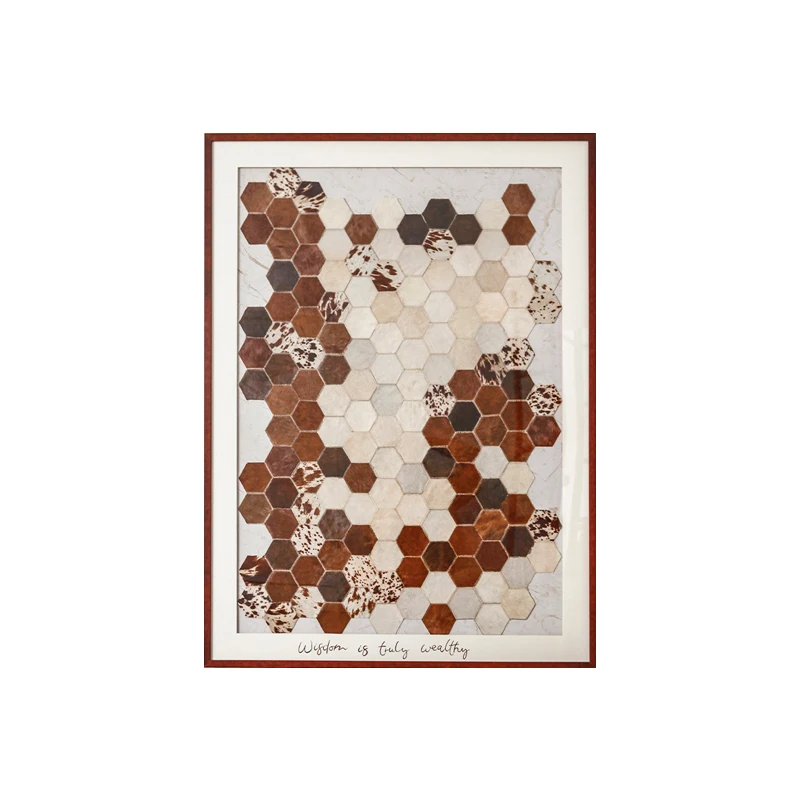 Home Decor Modern Hand Made Luxury Wall Art Abstract Geometric Cowhide Leather Painting 3D Wall Art Prints With Framed