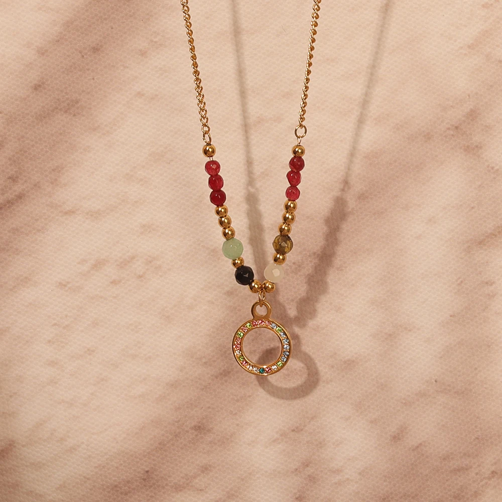 18K Gold Plated Necklace with Disc Eye mixed color diamond ring  Pendant Chic Green Bead Non Tarnish Necklace for Women
