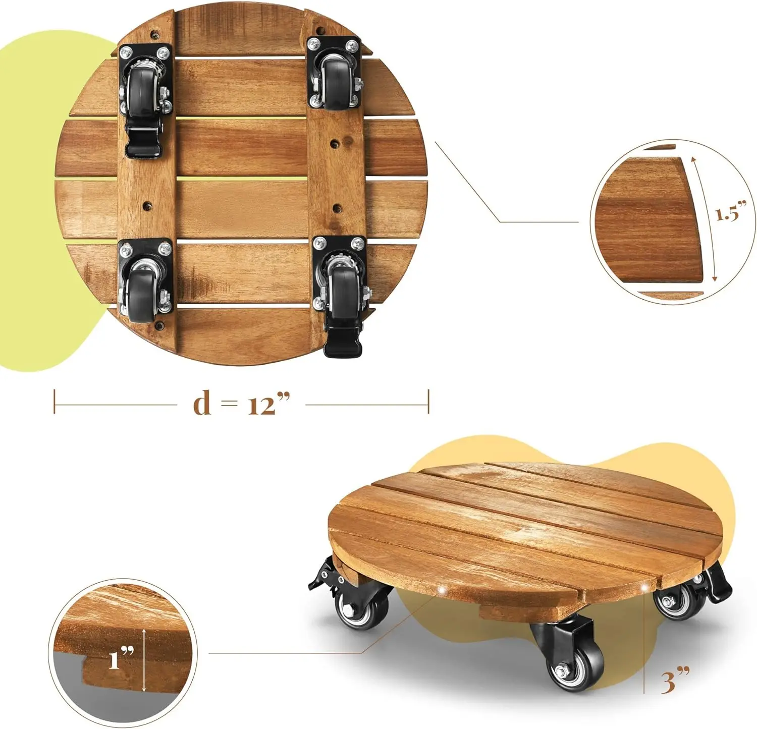 Wood Plant Caddy Wooden Plant Stand with Wheels Plant Dolly Rollers Cart Indoor Outdoor Rolling Tray Coaster Flower Pot Move