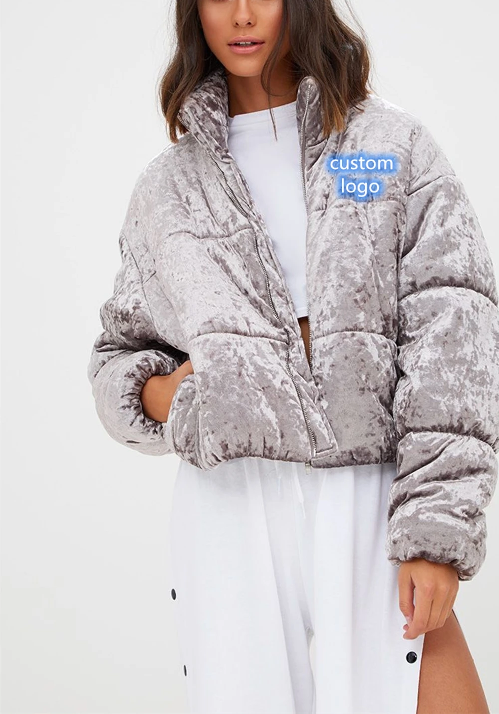 Trendy wholesale bubble grey velvet cropped puffer jacket womens padded plus size jackets winter  woman coats blazers