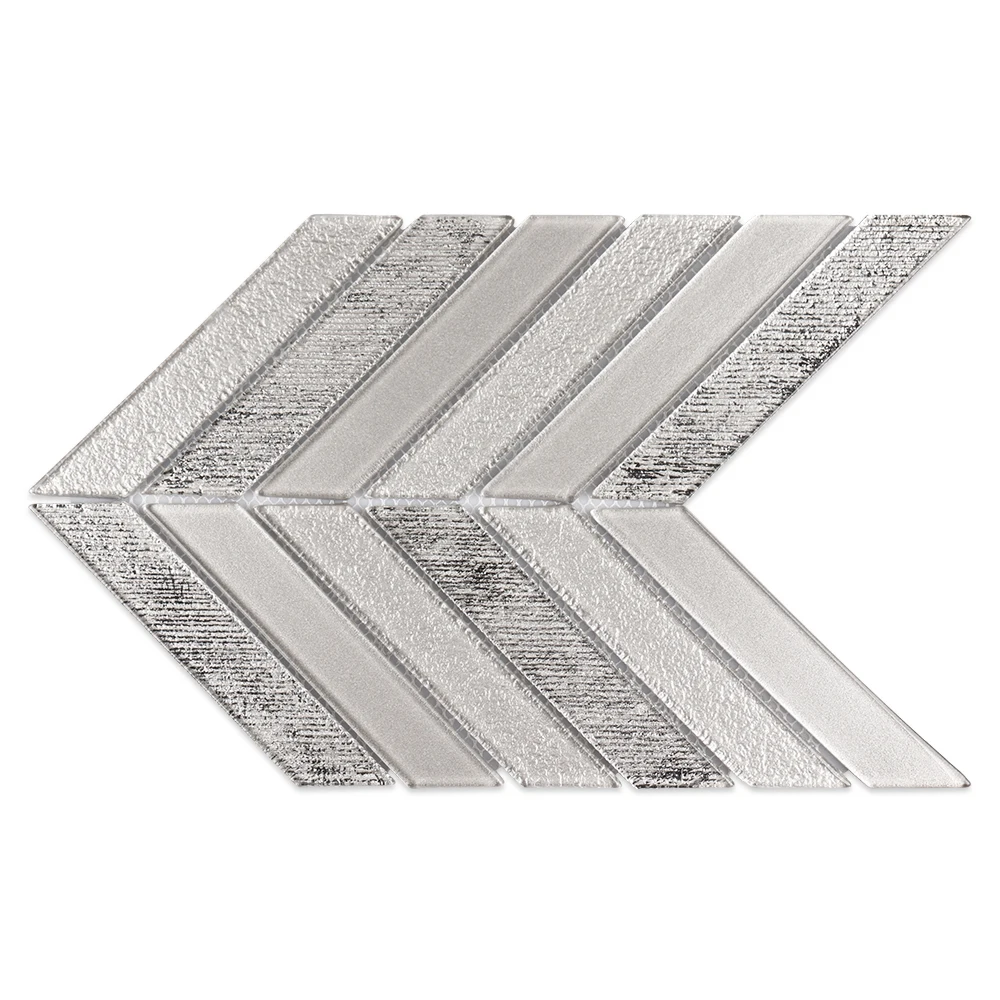 Luxury style waterjet chevron fishbone shape silver glass mosaic tiles