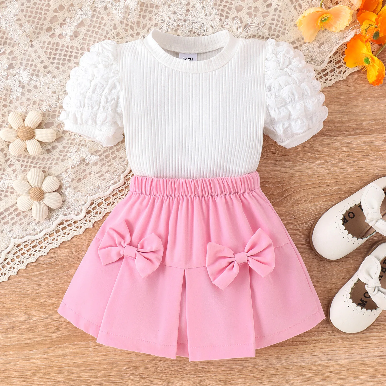 Sunny Baby 2024 Summer New Kids Clothing Bubble Sleeve White Top + Bow Solid Color Skirt Toddler Girls Two-piece Set