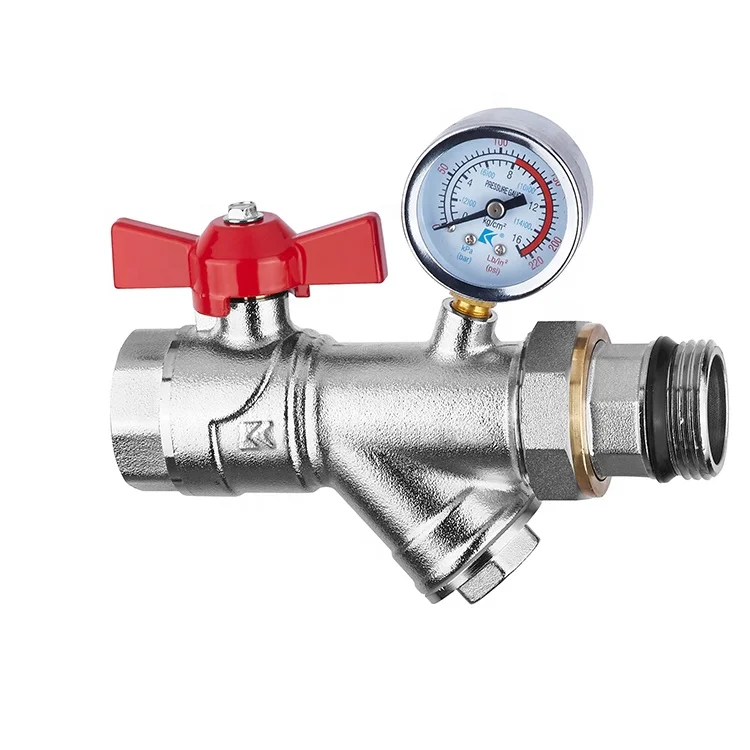 ptfe Manual1inch male thread copper butterfly handle Multi-function vent water blow off  with y filter pressure meter ball valve