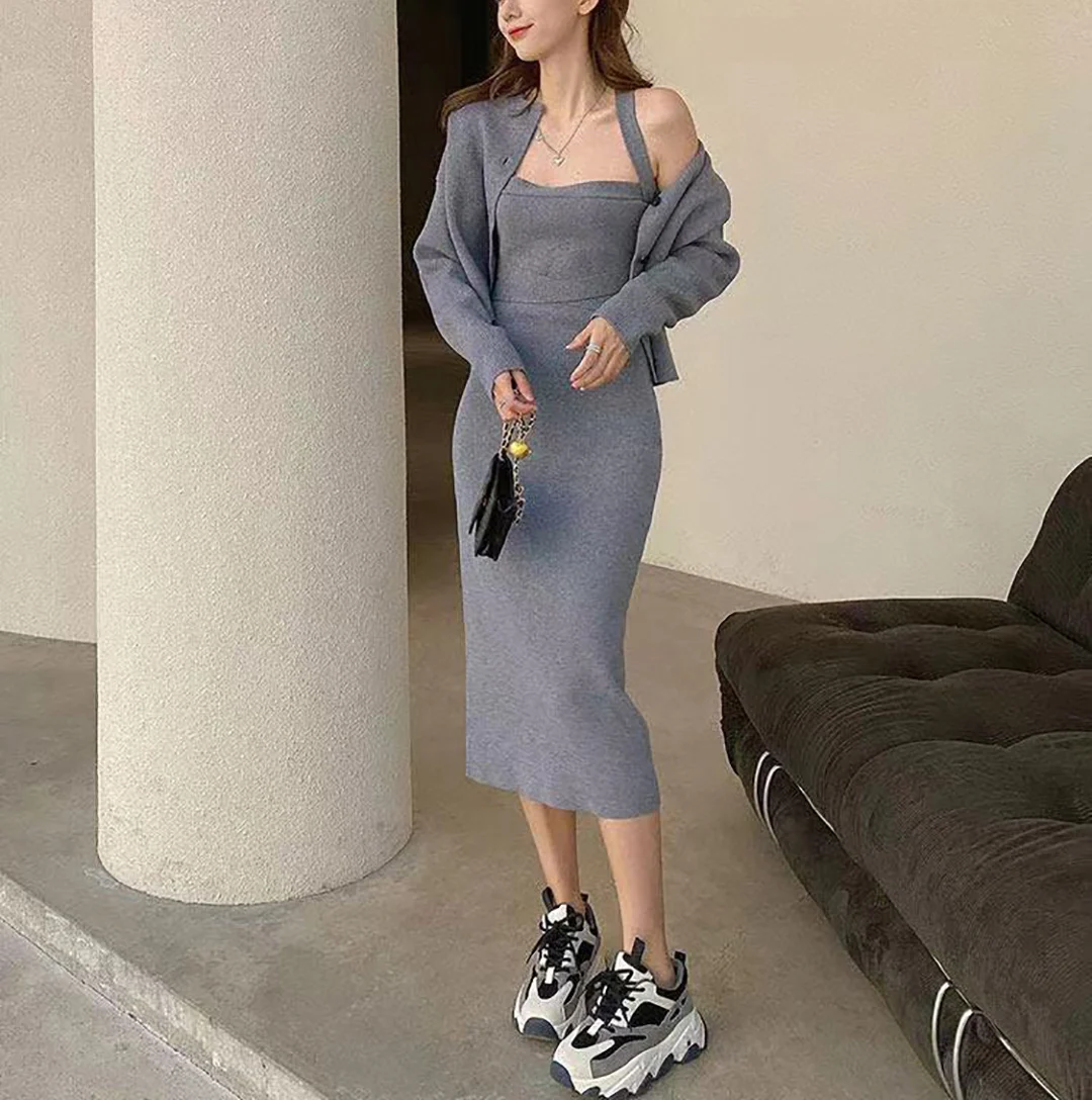 2022 Winter Fall Casual Fashion Long sleeve Knitted Cardigans Spaghetti Strap Sweater Dress For Women 2 Piece Set Clothing