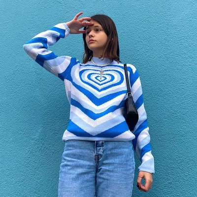 casual y2k vintage punk tie dye rainbow colorful print loose Half high collar women knitting long sleeve sweater pullovers