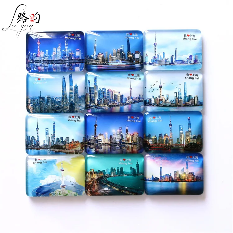48*68mm Customised Sublimation Shanghai Building Photo Refrigerator Magnetic Rectangle Glass Fridge Magnet For Tourist Souvenirs