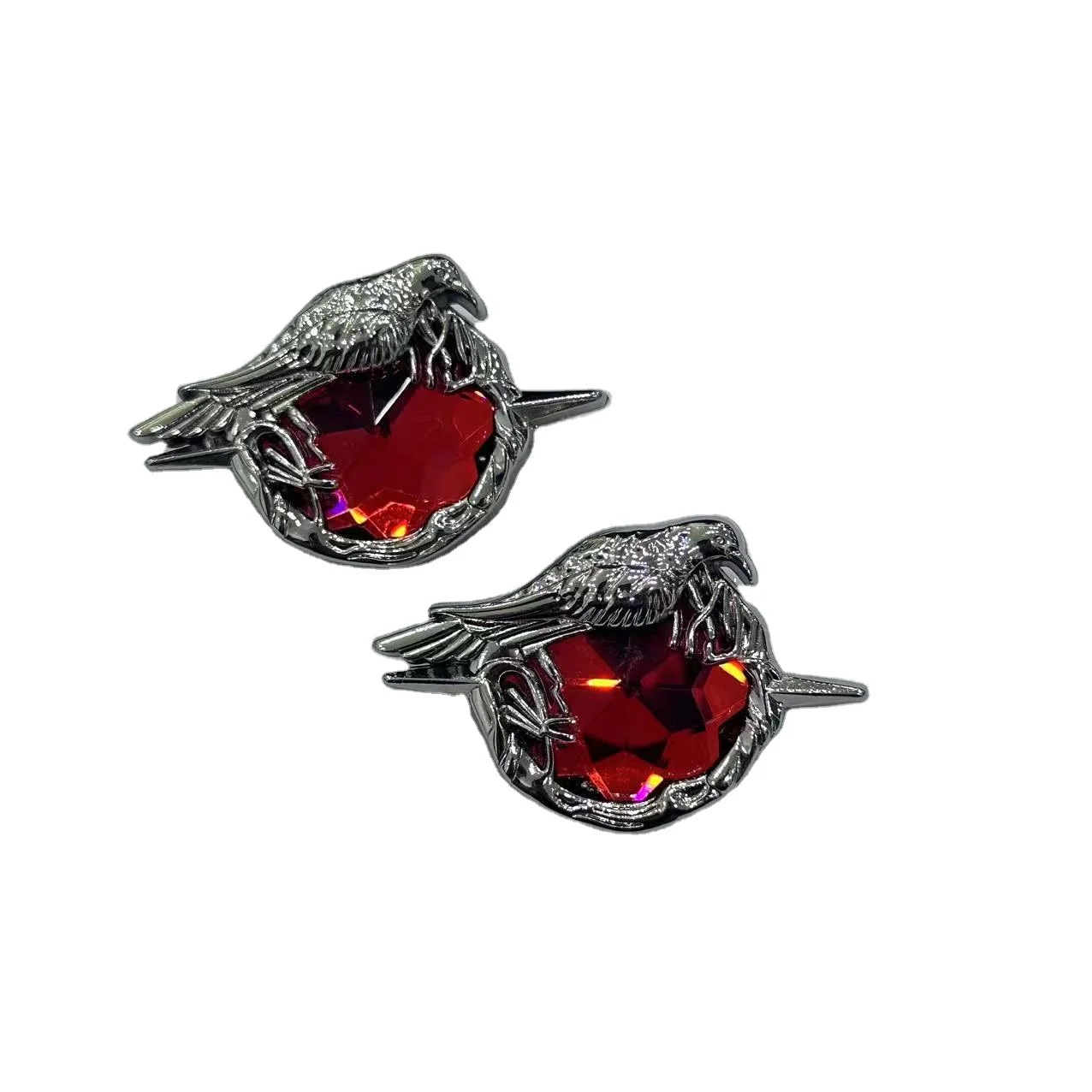 Crow Ruby Metal Brooch Button Badge Customizable 3D Design Magnet Iron Tin Enamel Plating Embroidered Logo Cartoon Rhinestones