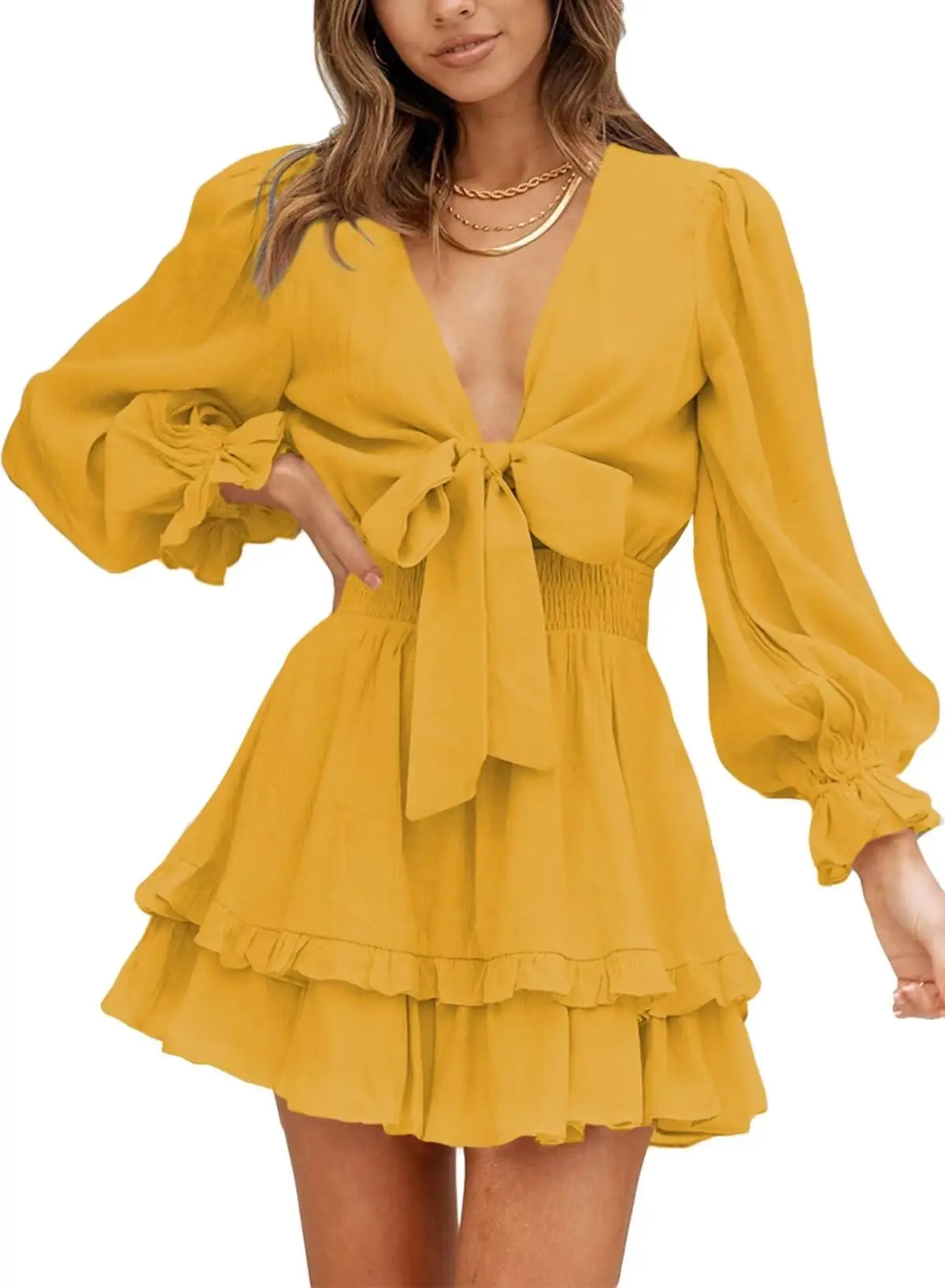 Casual Linen Mini Dress Deep V-Neck Long Lantern Sleeves Elegant Spring Lace-up Knot Design Empire Waistline Sexy Summer Style
