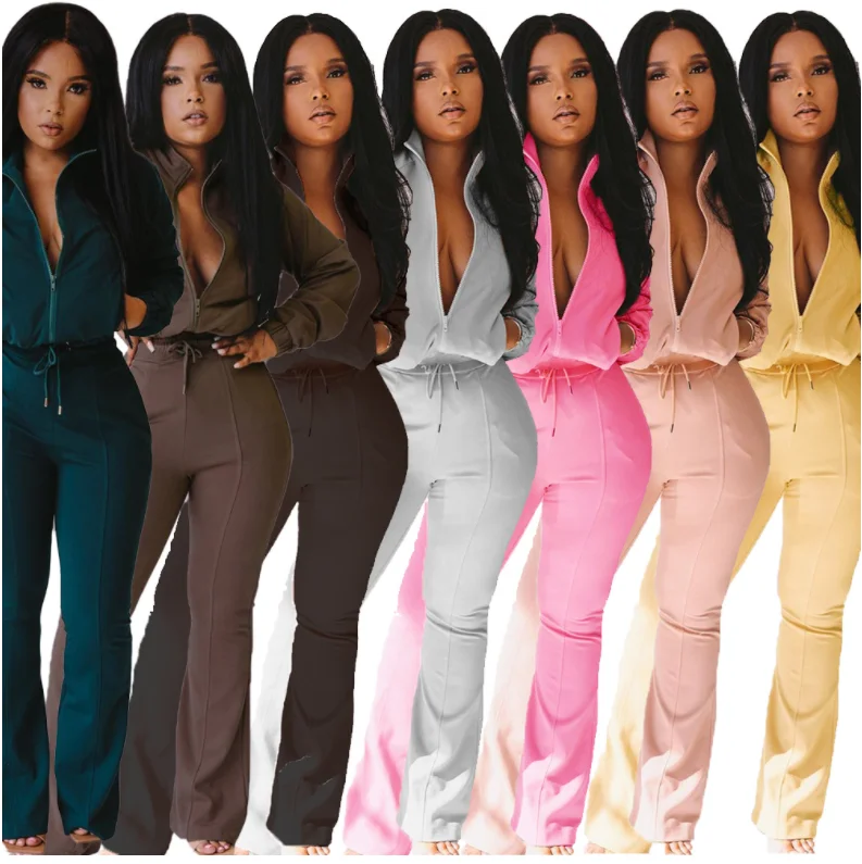 Factory Wholesale custom logo african clothing flared pants women Casual jogger sweatsui 2 piece pants set