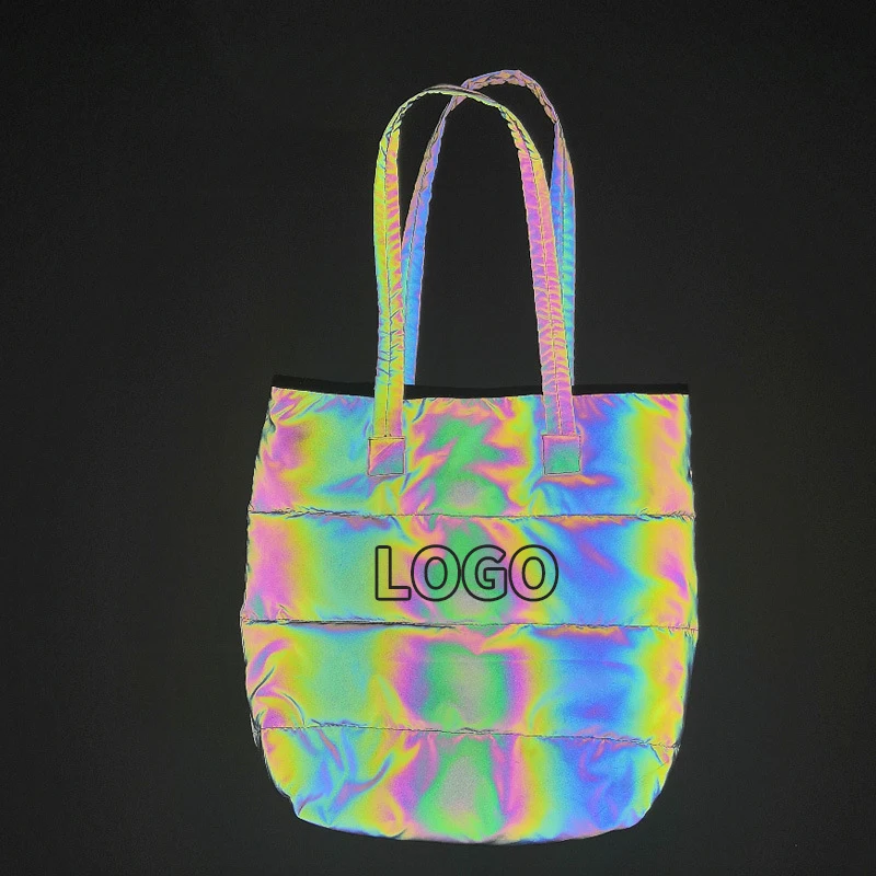 Custom logo Fashion party gray rainbow reflective waterproof nylon shopping tote bag Color reflective shopping bag