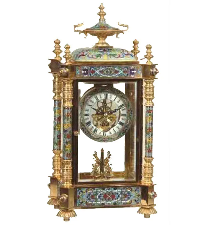 Solid Brass Vintage  Antique Gilt 19th  French Style 15 Days Mechanical Movement  Floral Blue Cloisonne Enamel Table/Desk Clock