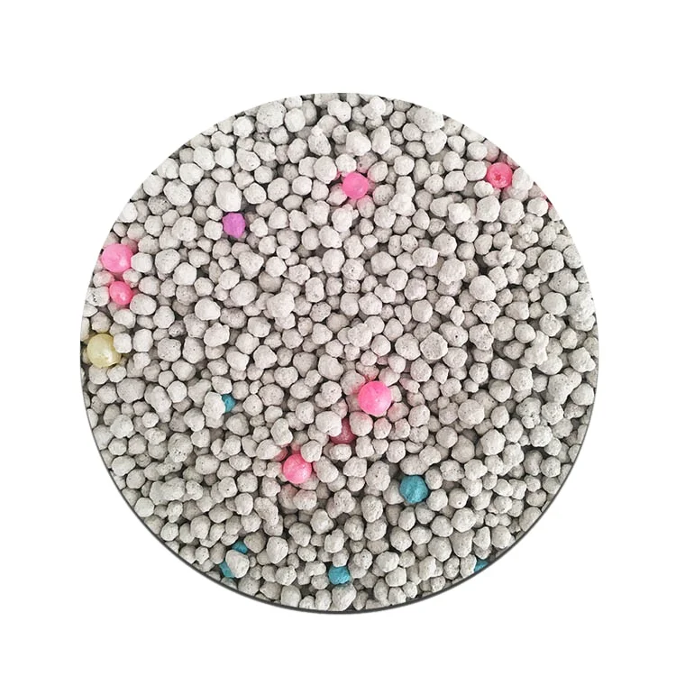 Granular colored clumping mineral cat sand with fruit scent