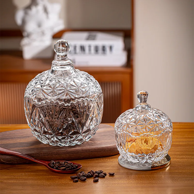 Multifunction Fashionable Round Food packing container luxury Crystal Embossed Clear coloured glaze Glass Sugar candy jar