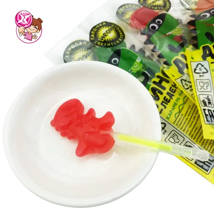 New arrival halal fluorescent lollipop cartoon Dinosaur lollipop with glow stick