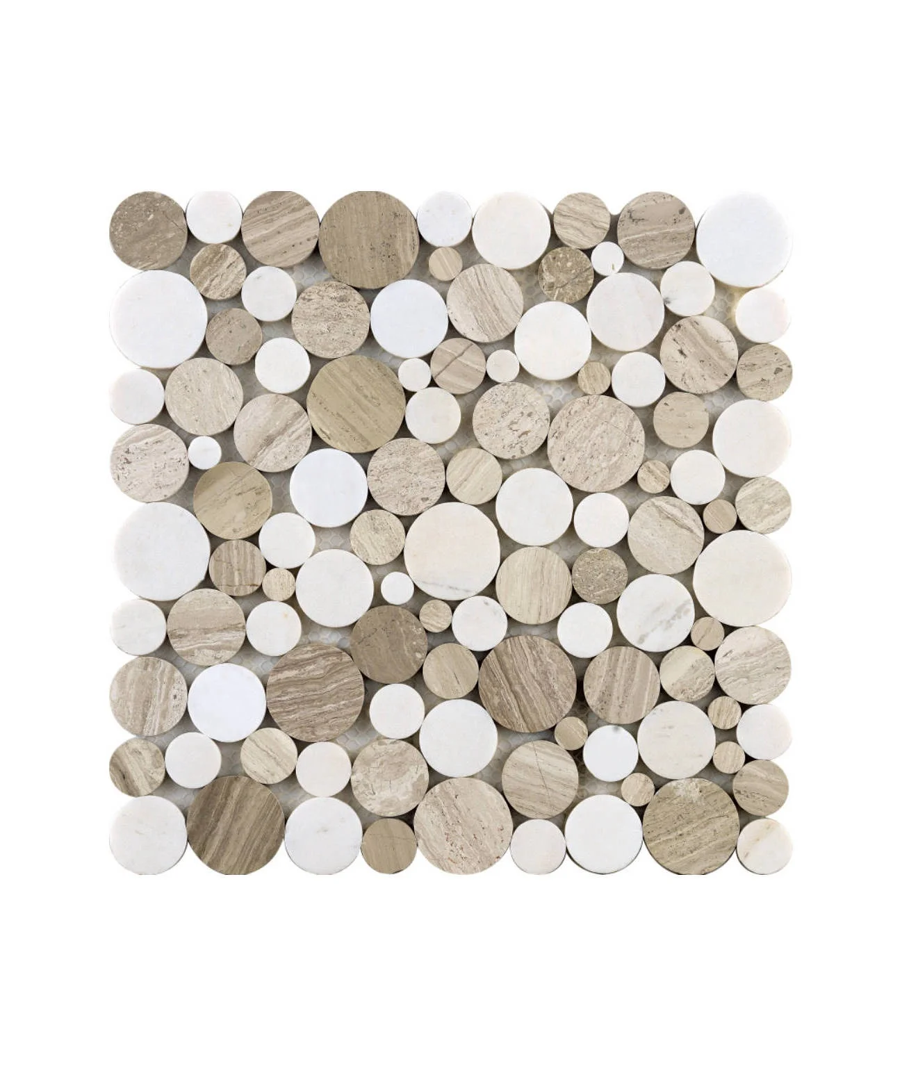 Grey Brown Penny Round Backsplash Marble Stone Mosaic Tiles Light Brown Wooden Vein Flat Pebble Bubble Shape Mosaic