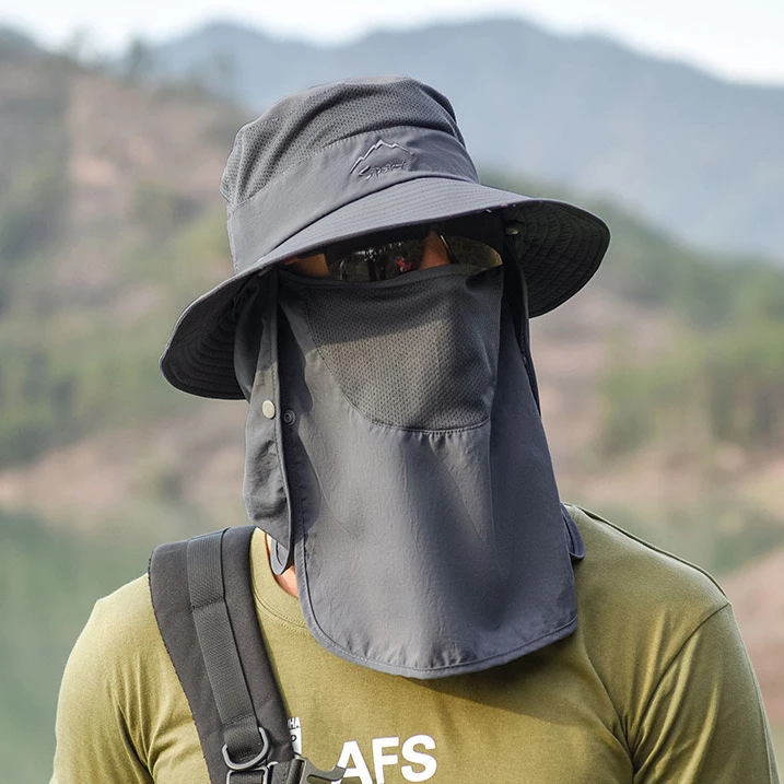 Custom Sun Protection Bucket Hat Man Quick Dry Mesh Wide Brim Fishing Fisherman Bucket Hats Cap with Face Cover Neck Flap