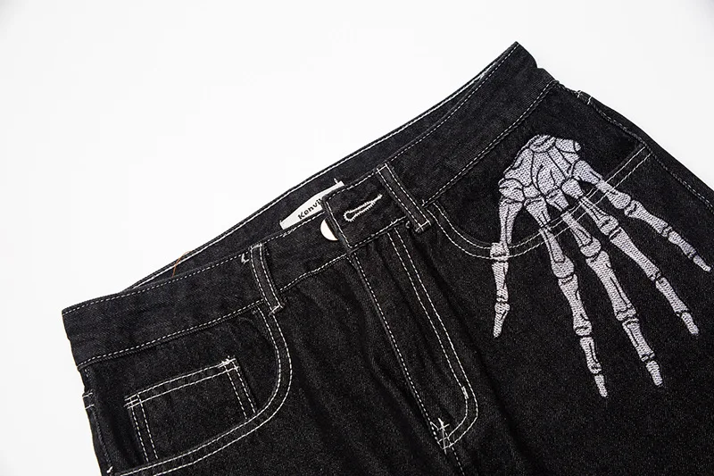 Custom Black Skeleton Embroidered Baggy Jeans Man Loose Wide Leg Fashion Casual Denim Straight Fit Jeans Men