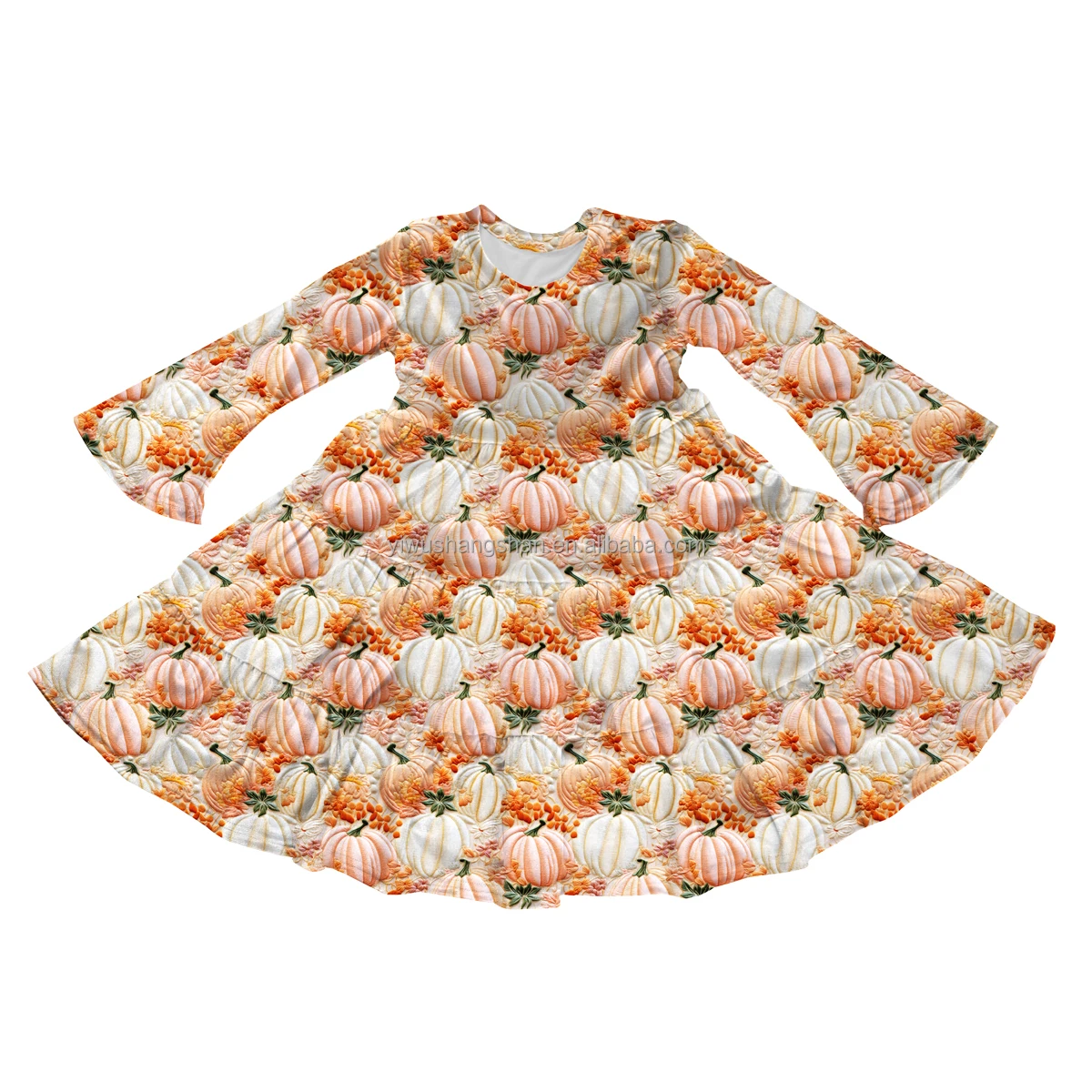 Autumn Long Flared Sleeve Kids Velvet Dress Custom Pumpkin Floral Design Baby Girls Twirl Dresses