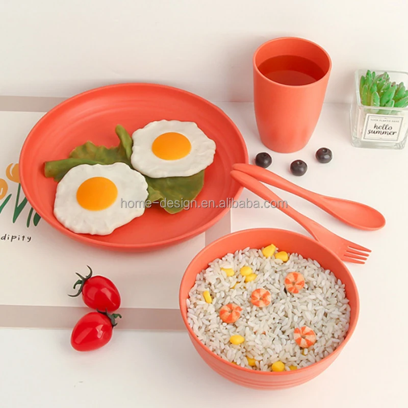 20 Pieces Wheat Fiber PP Tableware dinner Set Anti-fall Tableware Rice bowl plate spoon fork cup promotional tableware set