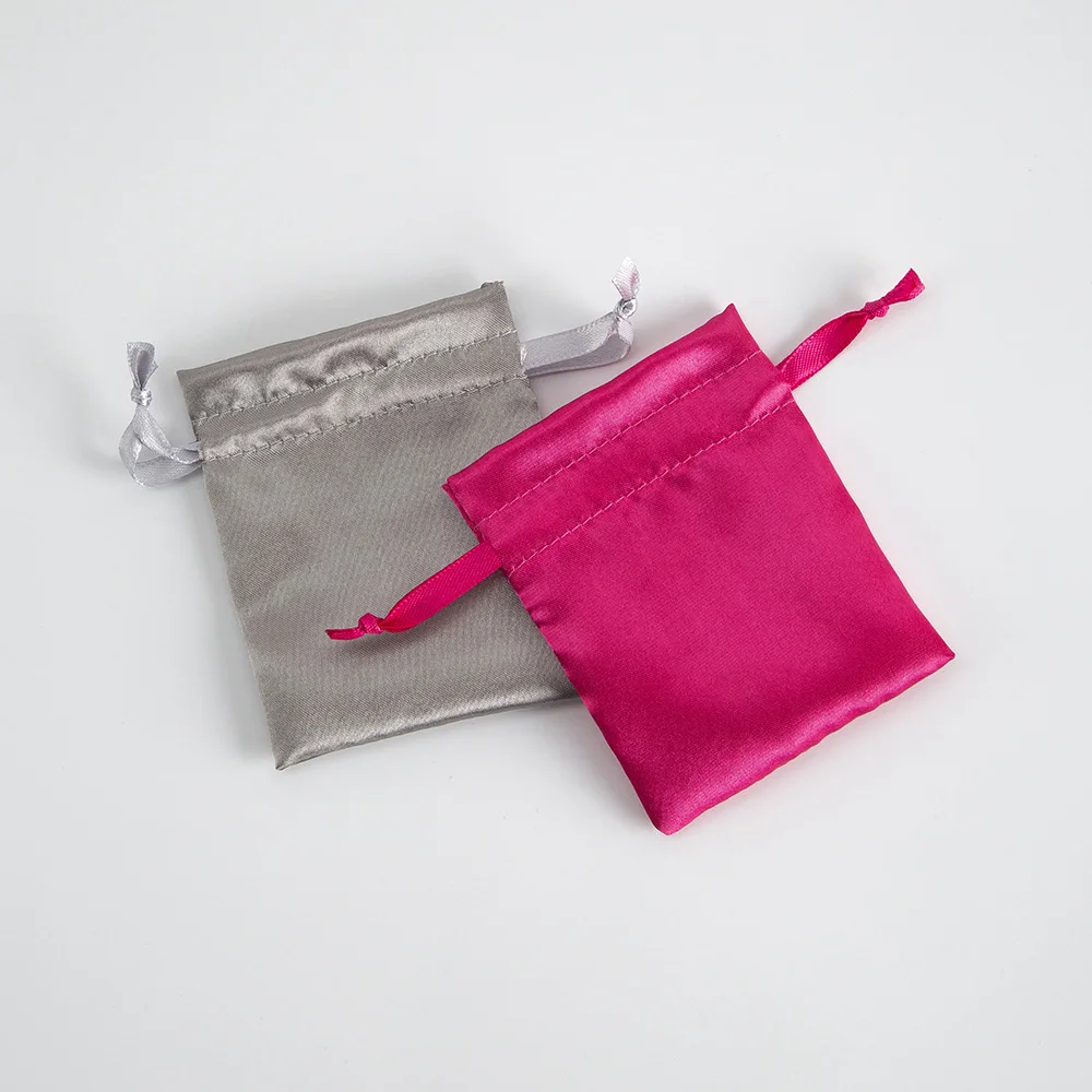 Custom Logo Printed Pink Satin Bag For Perfume Jewelry Packaging Luxury Hair Silk Pouch