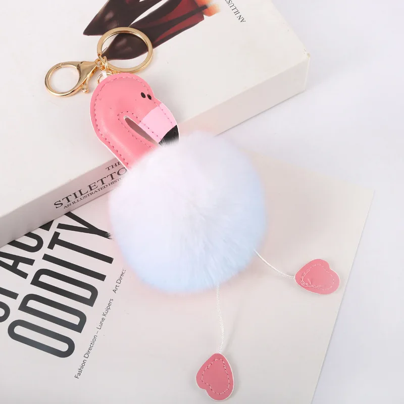 Wholesale Pom ball PU Leather Animal Flamingo Keychain Fur Ball Furry Puff Ball Keychain Hanged Accessory